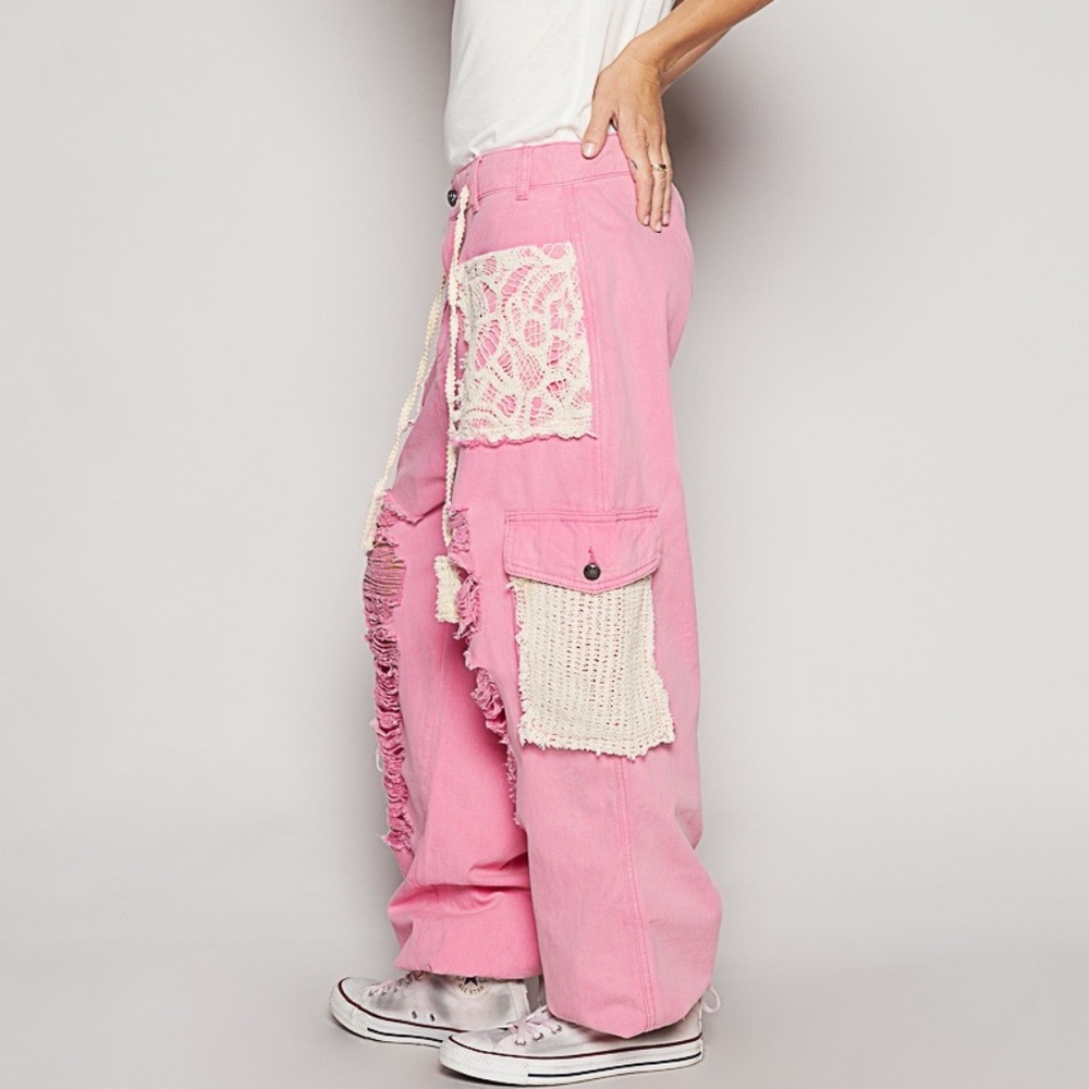 POL Pink Distressed Wide-Leg Track Pants with Crochet Pockets - Picture 2 of 12